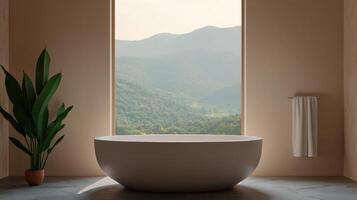 Serene bathtub with mountain background modern bathroom scenic view tranquil environment minimalist design photo