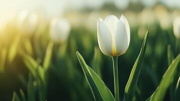 Blooming white tulip in nature field with soft background light springtime serenity close-up view photo