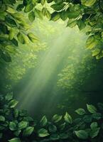 Sunlight filtering through lush green leaves forest background nature illustration tranquil environment close-up perspective photo