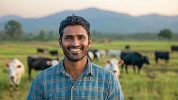 Smiling farmer with cows in lush green field rural india portrait photography nature background photo