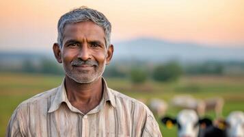Portrait of a smiling farmer in a green field background rural landscape nature photography warm evening light photo