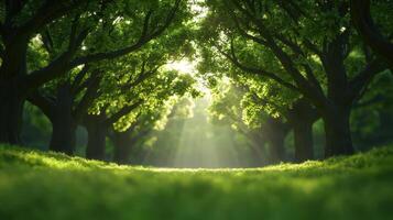 Sunlight filtering through lush green trees forest nature photography tranquil background ground-level view photo