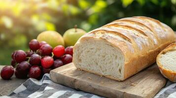 Freshly baked bread on a wooden board surrounded by fruits in a beautiful green outdoor background photo