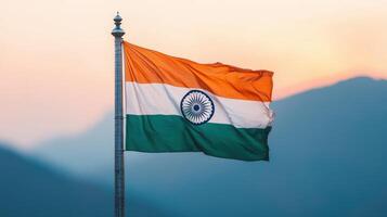 Indian flag waves against scenic mountain background outdoor photography vibrant colors serene atmosphere photo