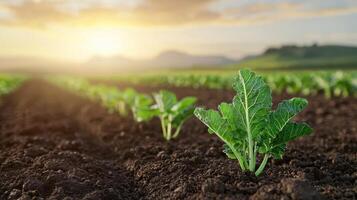 Growing green crops in a sunrise field with vibrant background nature photography agricultural environment photo