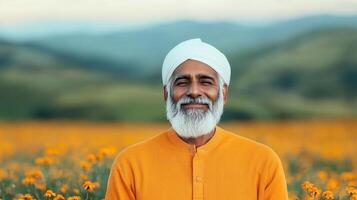 Joyful elderly man in vibrant orange attire surrounded by flowering landscape serene background natural environment photo