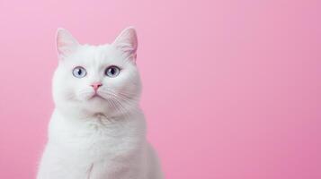 Playful white cat against a pink background studio portrait focused and curious expression photo