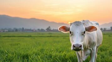Calm cow grazing at sunset lush green field nature photography serene background landscape photo
