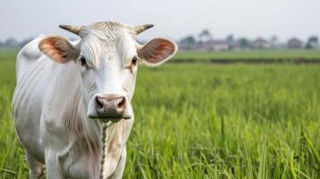 Cow grazing in lush rice field background nature photography serene environment close-up view photo