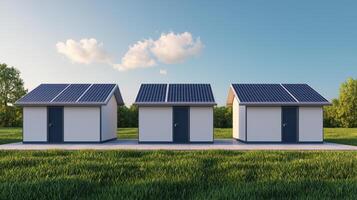 Sustainable housing development with solar panels rural landscape 3d render green grass background photo