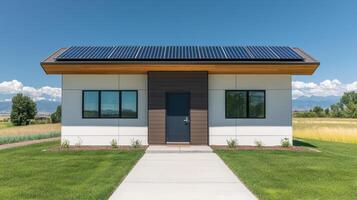 Solar-powered modern home rural landscape architecture bright background front view sustainable living concept photo