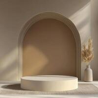 Sleek minimalist display stage designed for products in neutral background studio environment aesthetic viewpoint photo