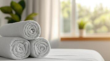 Relaxing spa experience modern bathroom towel arrangement calm environment close-up view soft background photo