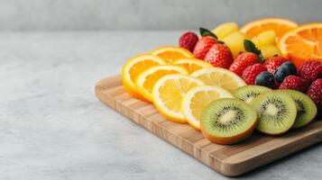 Fresh fruit platter with kiwi strawberries and oranges kitchen background food photography bright colors photo