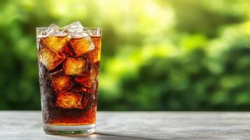 Refreshing iced drink enjoyment in nature's background close-up glass perspective chill vibes photo