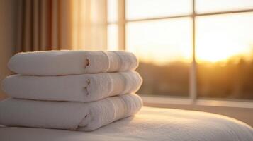 Relaxing spa experience freshly folded towels by sunlit window background hotel room setting tranquil atmosphere photo