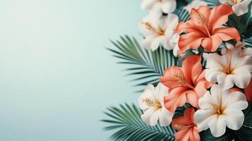 Vibrant floral arrangement with hibiscus flowers soft blue background nature photography tropical environment photo