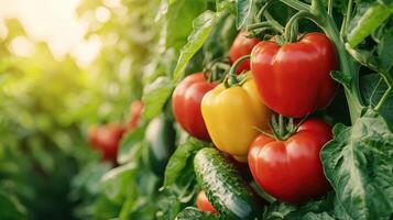 Harvesting fresh vegetables vibrant red tomatoes and green cucumbers in a lush garden background photo