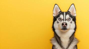 Siberian husky portrait bright yellow background animal photography studio environment close-up viewpoint captivating concept photo