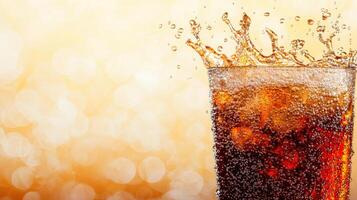 Refreshing splash of cola in a glass bright background beverage photography crisp environment close-up view photo