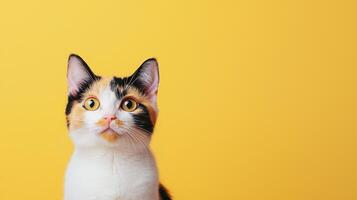 Curious cat portrait with yellow background indoor setting animal photography bright environment close-up view whimsical concept photo