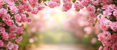 Spring blooming rose arch serene garden floral background peaceful nature soft focus romantic concept photo