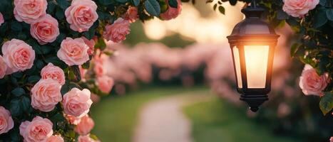 Beautiful roses framing lantern pathway garden background photography evening light serene view photo