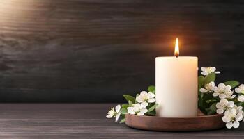 Serene candle lighting ceremony cozy room decorative content floral background close-up view tranquility concept photo