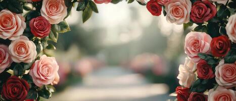 Romantic floral archway garden photography soft focus background serene atmosphere photo