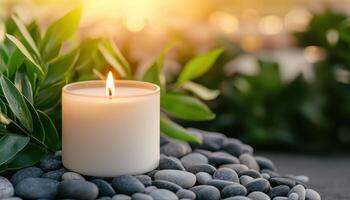 Relaxing candlelight meditation tranquil garden photo natural background close-up view serenity concept