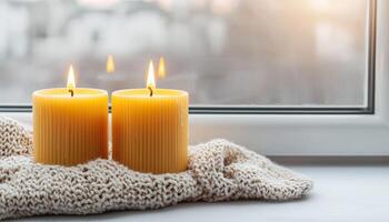 Serene candlelit ambiance with natural light background cozy home setting still life photography warm atmosphere photo