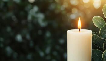Candlelit serenity a decorative candle against a natural background tranquil lifestyle scene peaceful atmosphere photo