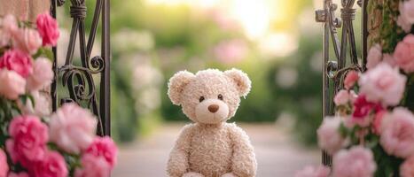 Teddy bear surrounded by pink roses outdoor garden soft toy photography bright background whimsical atmosphere photo