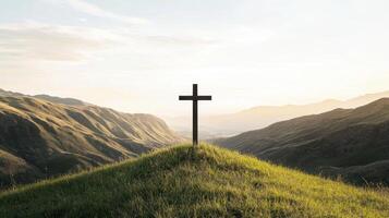 Peaceful cross on a hilltop serene landscape background nature scene inspirational viewpoint photo