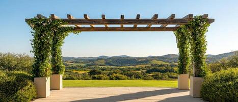 Scenic outdoor event setup with pergola rolling hills background landscape photography sunny environment wide angle view photo
