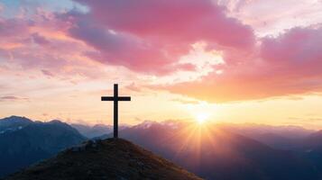 Sunrise over mountain cross serene nature landscape inspiring background spiritual viewpoint photo