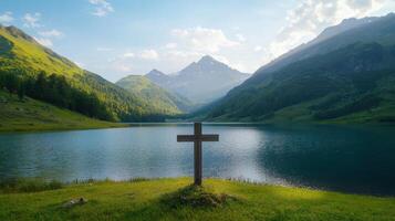 Tranquil lake reflection mountainous landscape scenic nature photography serene background photo