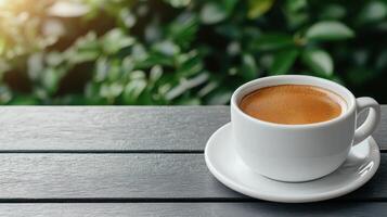 Coffee cup on wooden table nature background lifestyle content calm environment morning viewpoint photo