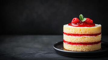 Delicious layered raspberry cake on dark background food photography gourmet dessert culinary delight photo