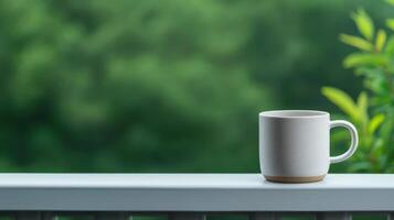 Relaxing morning coffee on the balcony nature background lifestyle content serene environment peaceful viewpoint photo