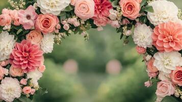 Floral wedding arch decoration garden photography outdoor close-up background of vibrant blooms photo