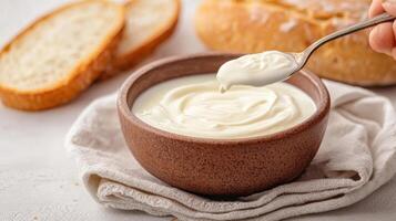 Delicious yogurt dip preparation kitchen food photography cozy setting close-up background elements photo