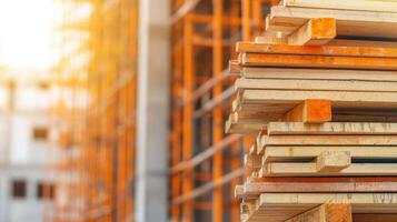 Construction action stacked wooden planks in urban background industrial environment close-up view photo