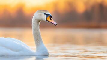 Majestic swan swimming gracefully at sunset tranquil lake background nature photography serene environment photo