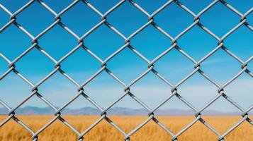 Rural landscape with chain-link fence wheat field background wide-angle view tranquil environment photo