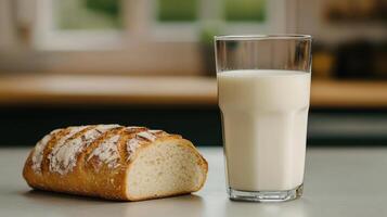 Milk and bread a simple meal setting in a cozy kitchen background food photography warm atmosphere close-up view photo