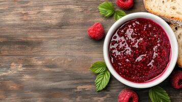 Homemade raspberry jam spread rustic kitchen table food photography natural background close-up view culinary concept photo