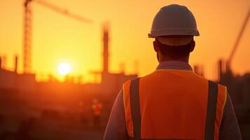 Construction worker overseeing project at sunset with background of cranes and cityscape photo
