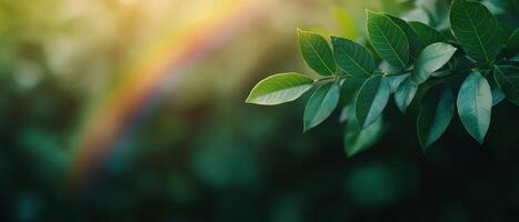 Nature's serenity green leaves with rainbow in background outdoor garden tranquil atmosphere close-up view photo