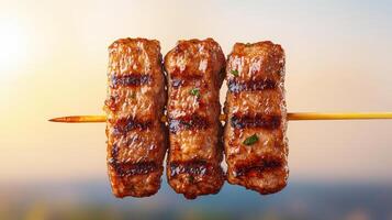 Grilling savory kebabs outdoor bbq food photography warm background close-up view culinary delight photo